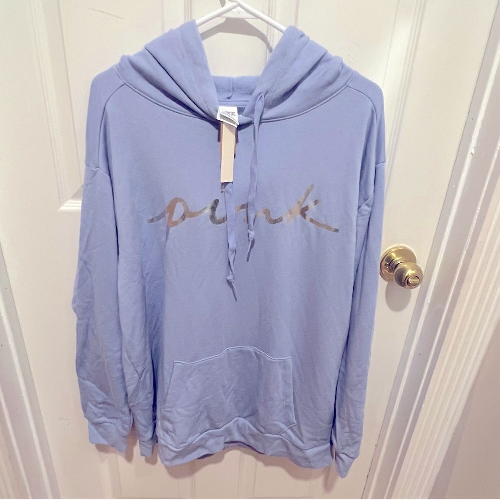 NWT Victoria Secrets PINK Foil Fleece Campus Hoodie sz Large baby blue‎ - Picture 3 of 10